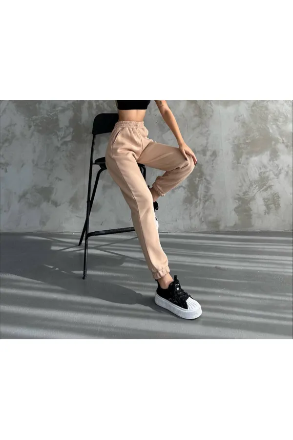 Kadın Bej Cepli Beli Paçası Lastikli 3 İplik Şardonlu Eşofman Altı HZL24W-ZK12321