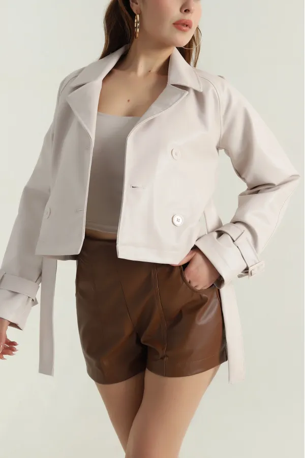 Kadın Krem Kemerli Astarlı Suni Deri Ceket HZL25W-BD110461