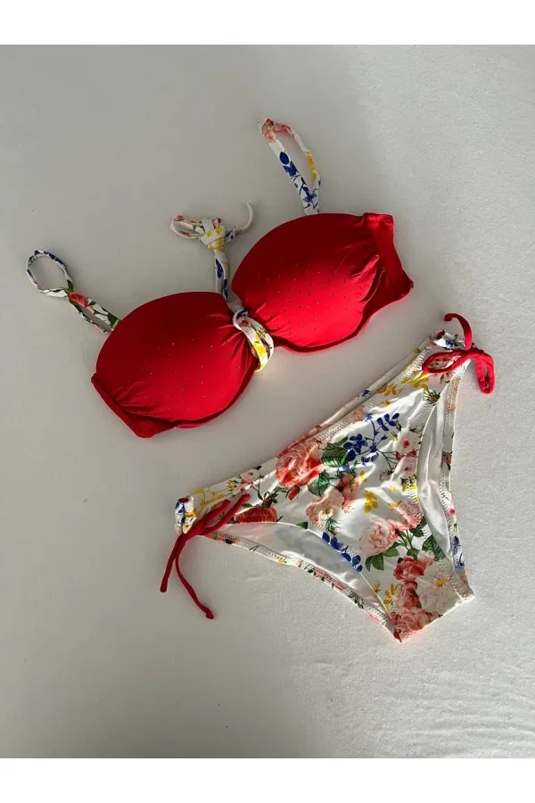 Kadın Kırmızı Taş İşlemeli Astarlı Bikini Takım HZL25S-LC208