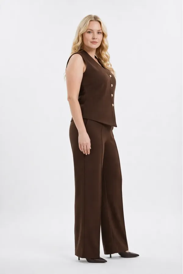 Kadın Kahverengi Büyük Beden V Yaka Yelek Pantolon İkili Takım HZL26S-PR12131