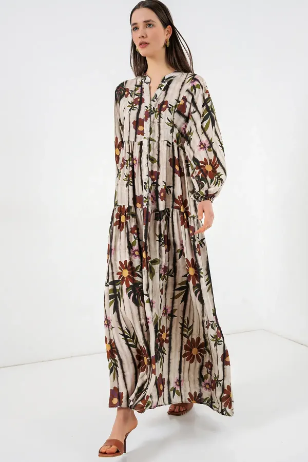 Robe longue hijab à motifs pour femme 2585 - Beige café