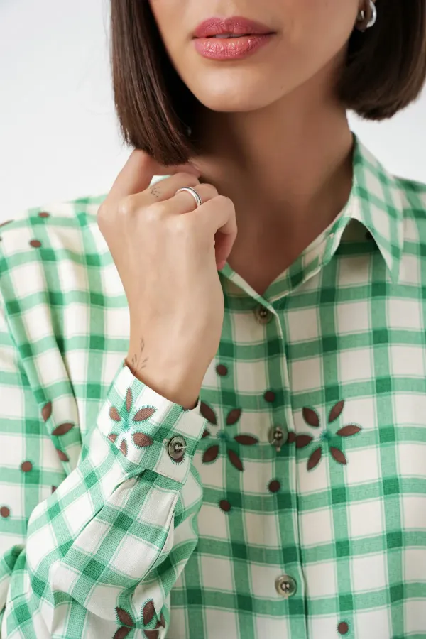 Women's Patterned Oversize Viscose Shirt 20371 - Green