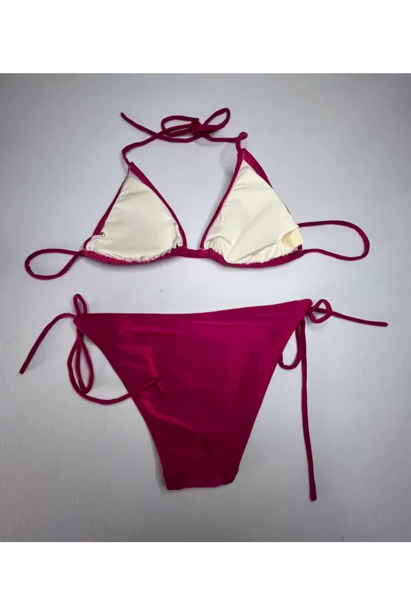 Kadın Koyu Pembe Boyundan İp Bağlamalı Üçgen Bikini Takımı HZL25S-LC5005
