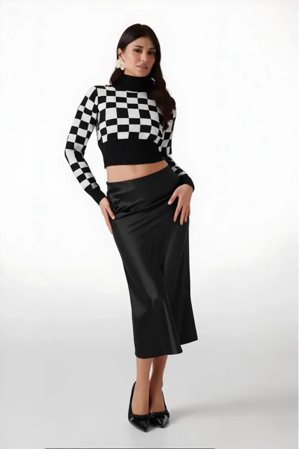 Kadın Düz Siyah Saten Yüzeyli Beli Lastikli Midi Boy Etek Hzl23s-bd1101471