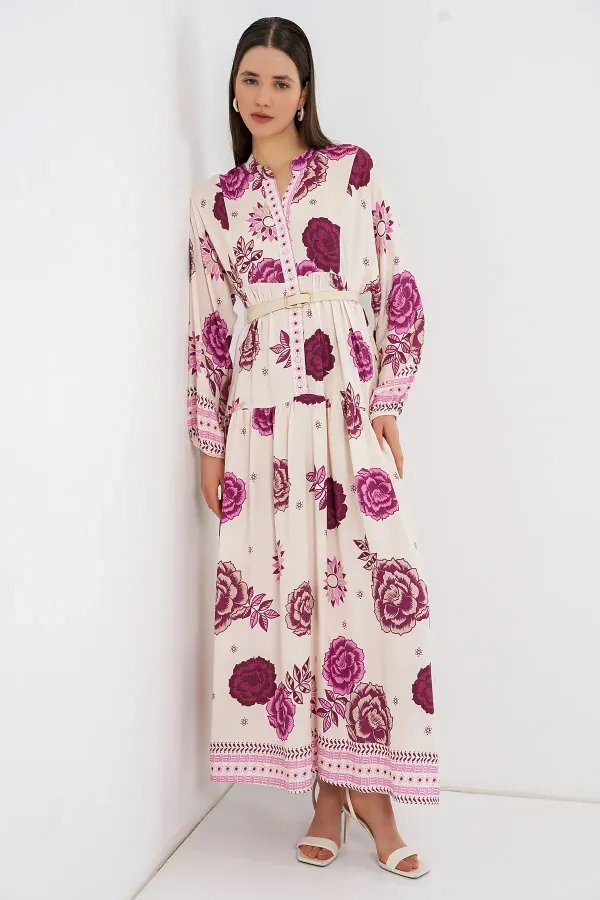 Women's Patterned Long Hijab Dress 2585 - D. Fuchsia