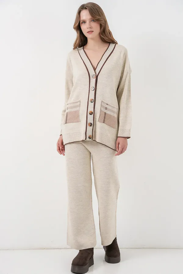 Ensemble deux pièces cardigan en maille à poches pour femme 15964 - Écru