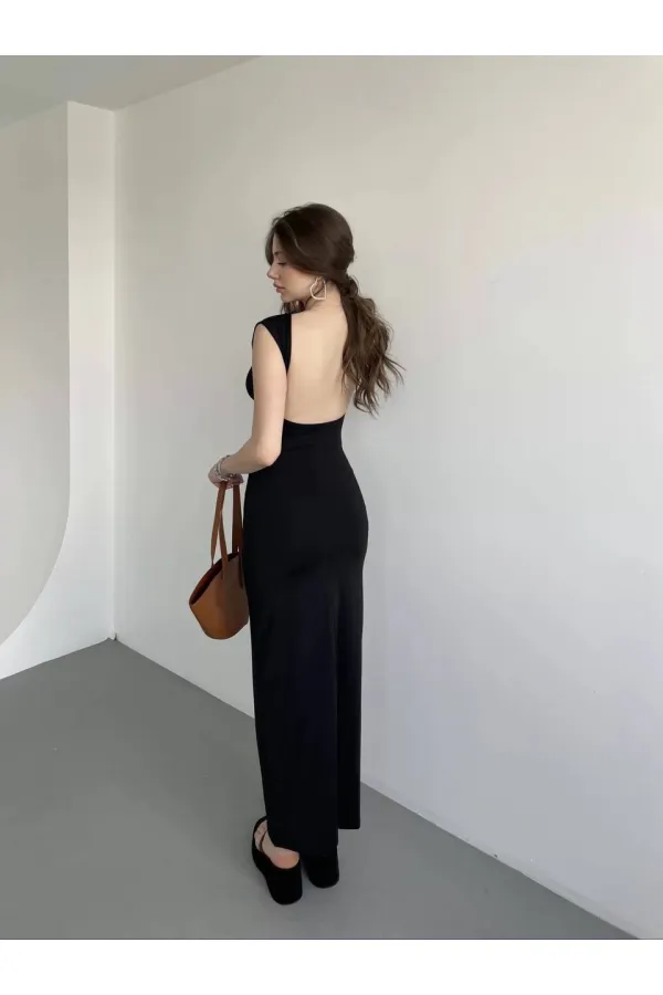 Kadın Siyah Sırt Dekolteli Yumuşak Dokulu Elbise HZL25S-ZK13321