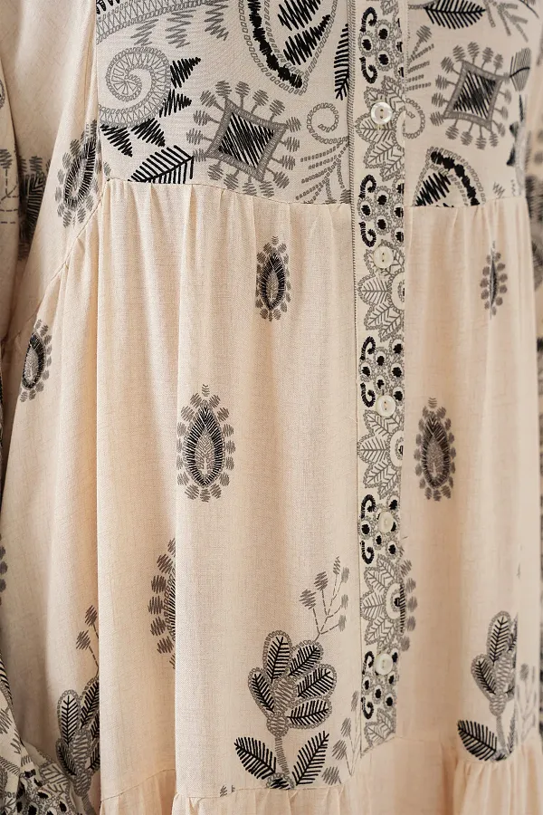 2423 Otantik Desenli Tesettür Elbise - Siyah - Krem