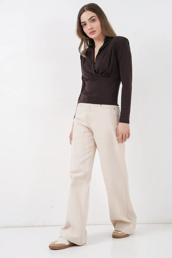 Chemisier cache-cœur pour femme avec épaulettes 942 - Marron