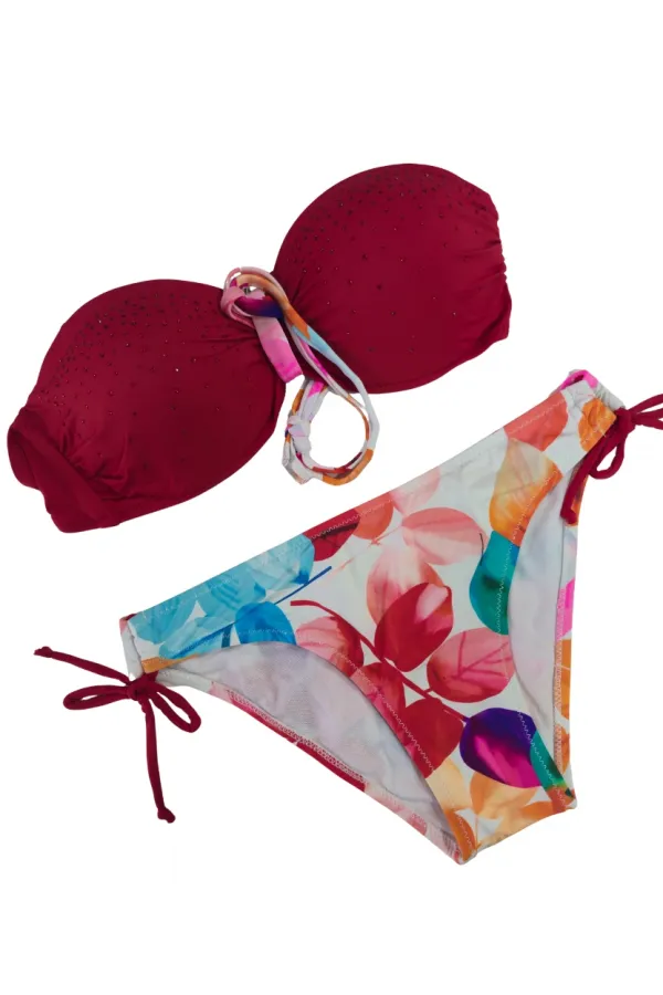 Ensemble bikini doublé orné de pierres rouges pour femme HZL25S-LC207