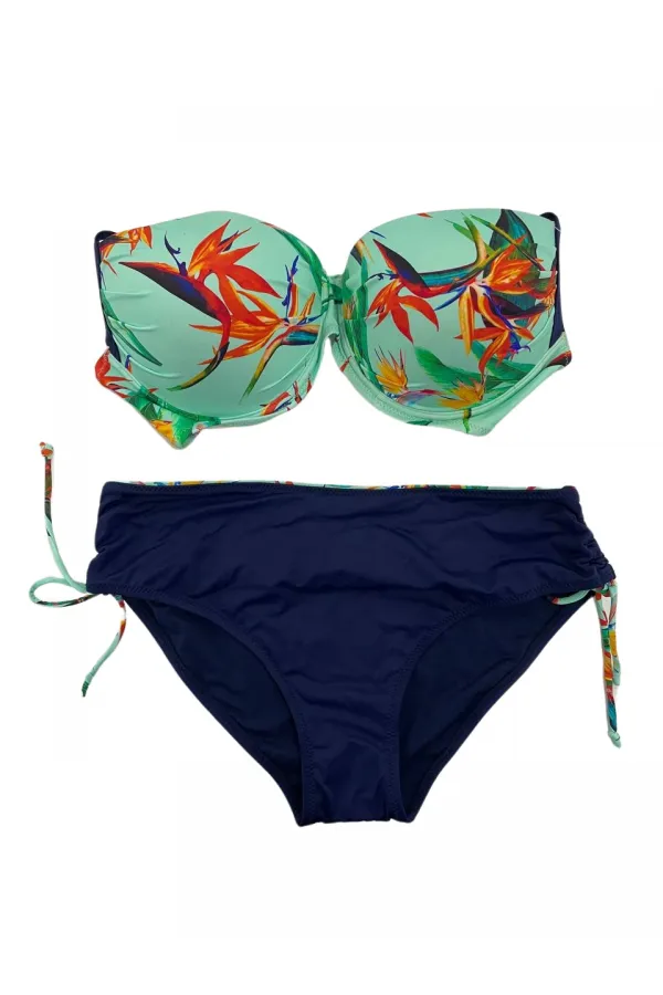 Kadın Turkuaz Lacivert Desenli Büyük Beden Astarlı Bikini Takım HZL25S-LC3327