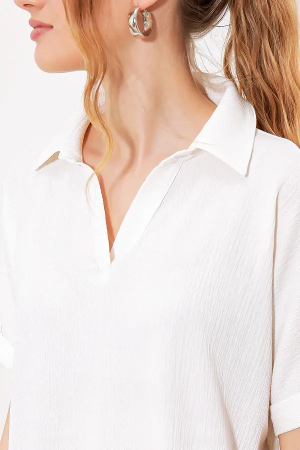 Chemisier polo blanc oversize pour femme, en maille, référence 0486