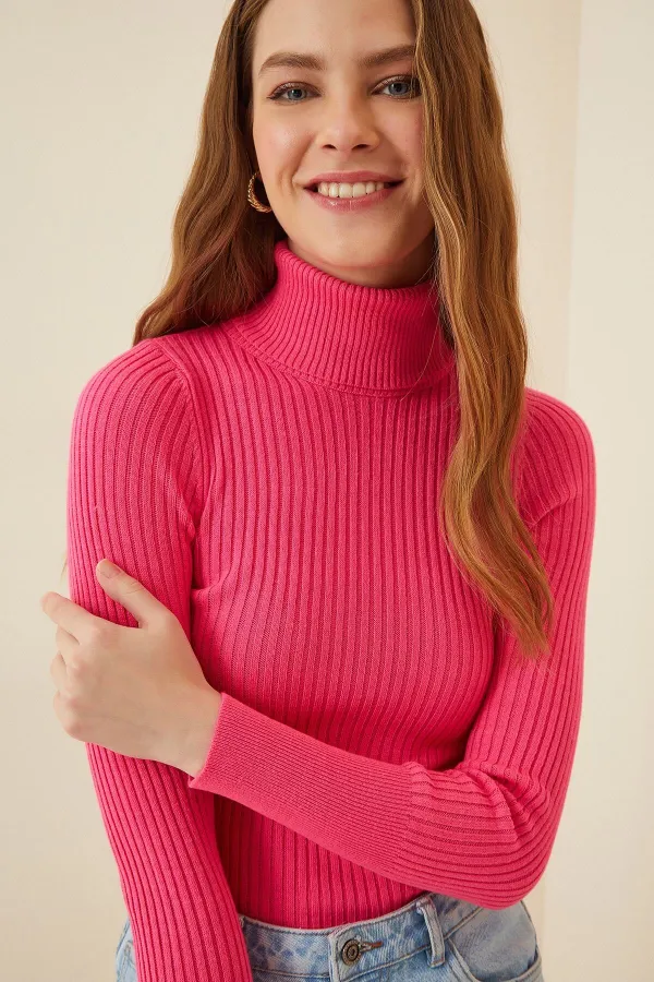 Pull col roulé côtelé fuchsia pour femme HZL22W-BD1445001