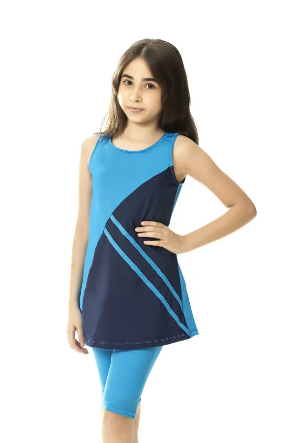 Girl Blue Navy Blue Detailed 6-13 Years Sleeveless Tights Swimsuit HZL24S-AR1142