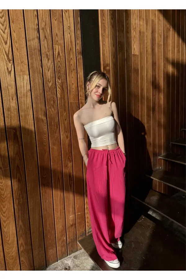 Pantalon large en lin rose pour femme, taille élastique, avec poches, HZL24S-ZK11051