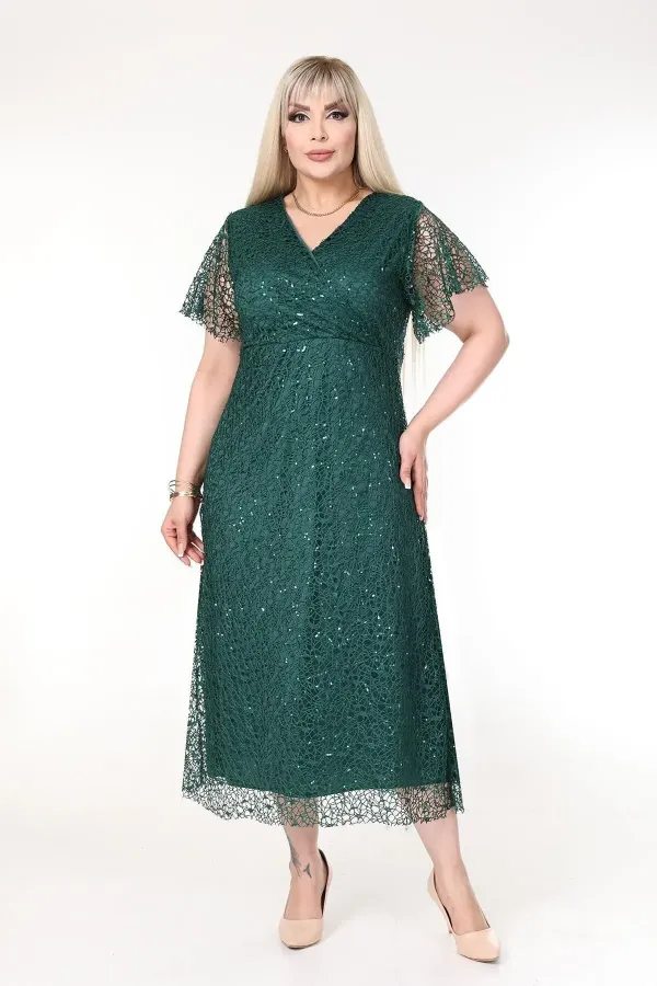 Kadın Zümrüt Yeşil Büyük Beden Kruvaze Yaka Payetli Abiye Elbise HZL26S-PR11171