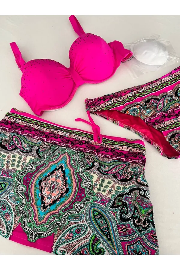 Kadın Fuşya Taş İşlemeli Desenli 3 Parça Bikini Takım HZL25S-LC3326