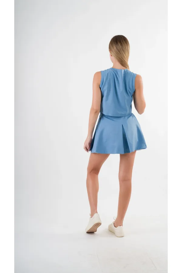 Kadın İndigo Mavi Dantel Desenli Bisiklet Yaka Kolsuz Astarlı Elbise HZL24S-YY10021