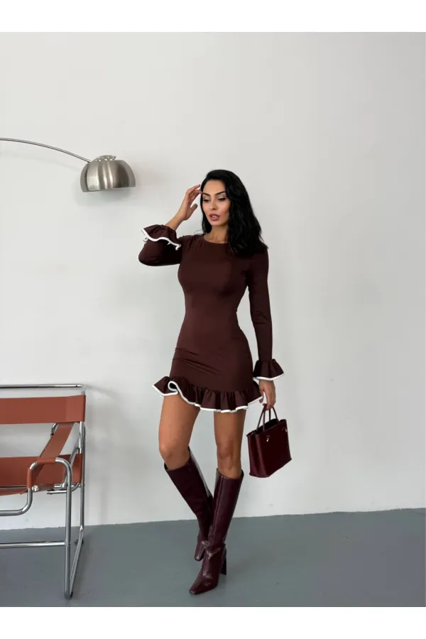 Women's Brown Long Sleeve Flounce and Piping Diving Fabric Mini Dress HZL25W-FRY123401