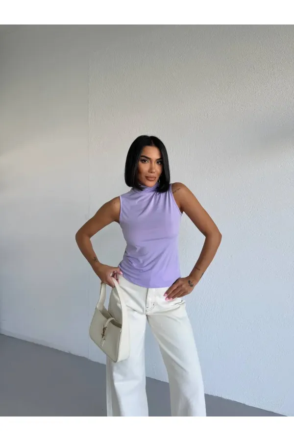 Women's Lilac Turtleneck Sleeveless Sandy Crop Blouse HZL26S-FRY123931 Women's Lilac Turtleneck Sleeveless Sandy Crop Blouse HZL26S-FRY123931