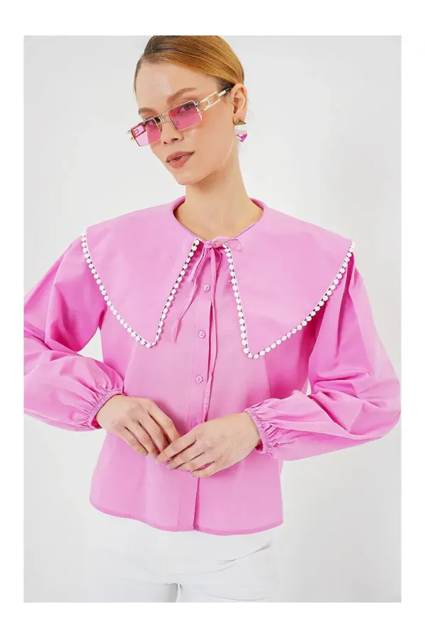 Kadın Pembe Bebe Yaka Düğmeli Şık Günlük Gömlek HZL26S-BD1203141