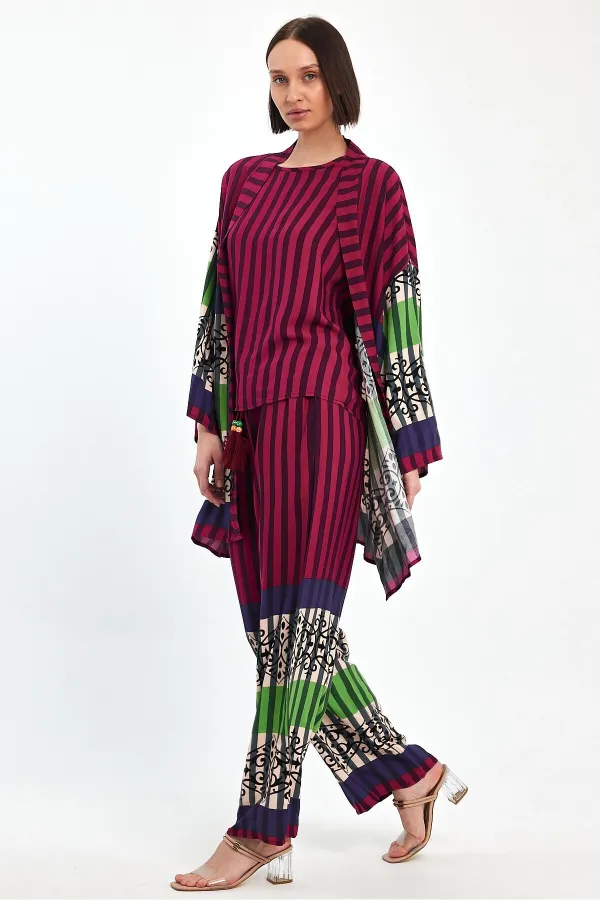 Kadın Mürdüm Çizgili Atlet Kimono Ve Pantolon Dokuma Viscon Alt Üst Takım HZL25S-VM110421