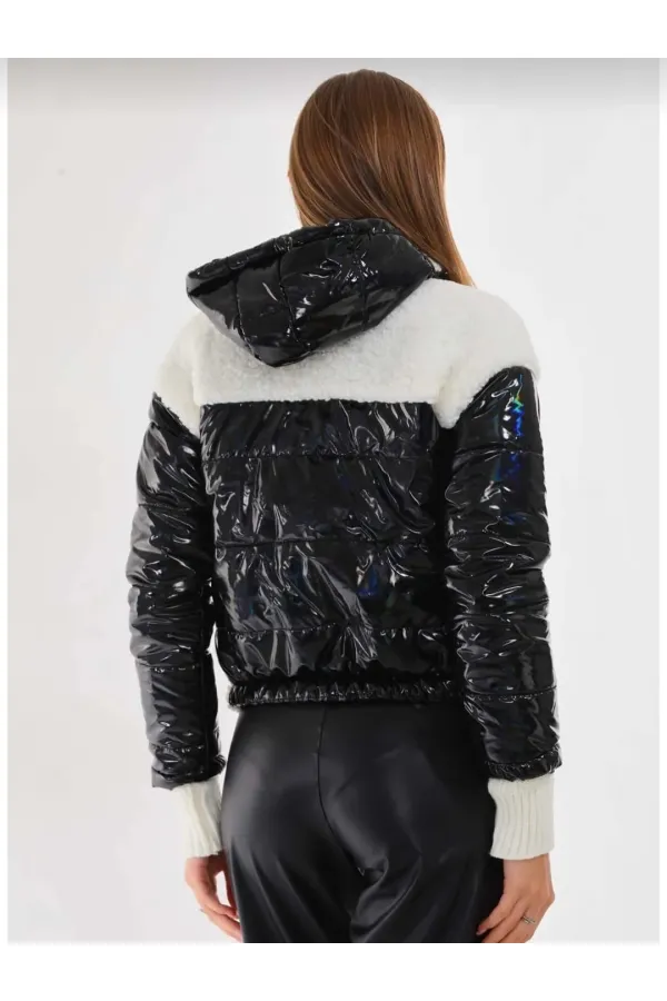 Women's White and Black Patent Leather Lined, Elastic Waist Hooded Crop Plush Coat HZL24W-BRC144441