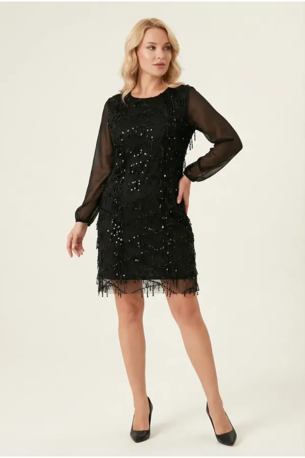 Robe de soirée courte noire grande taille en mousseline sans manches à franges et sequins scintillants pour femme HZL26W-PR10091