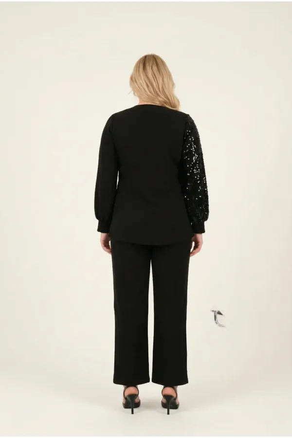 Kadın Siyah Büyük Beden Payet Detaylı Pantolon Bluz Abiye Takım HZL26W-PR10011