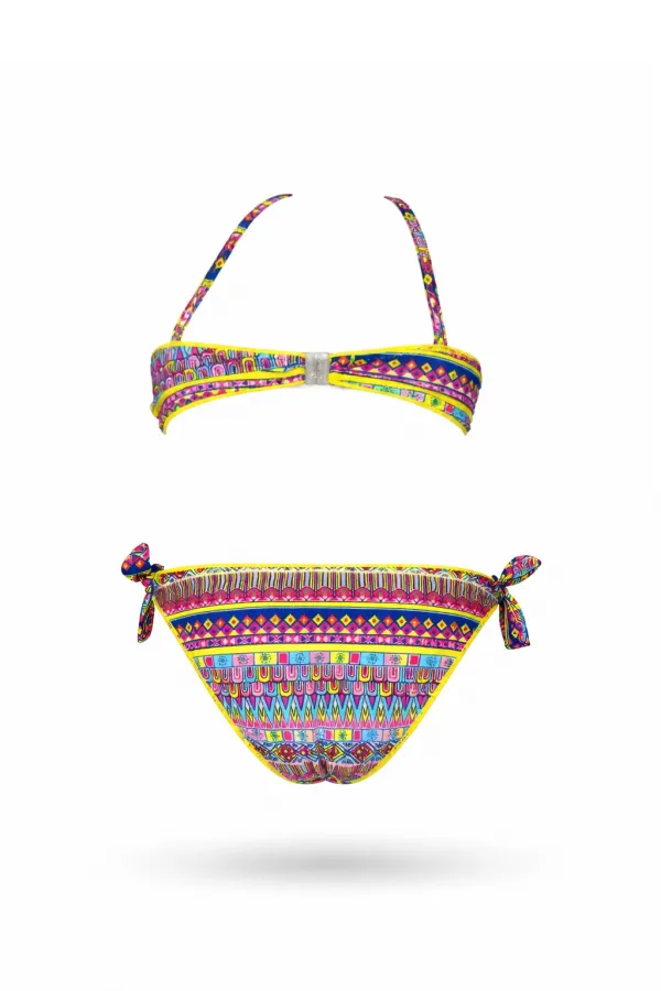 Kız Çocuk Mavi Neon Sarı Çok Renkli Astarlı 4-12 Yaş Straplez Bikini Takım HZL24S-LC6355