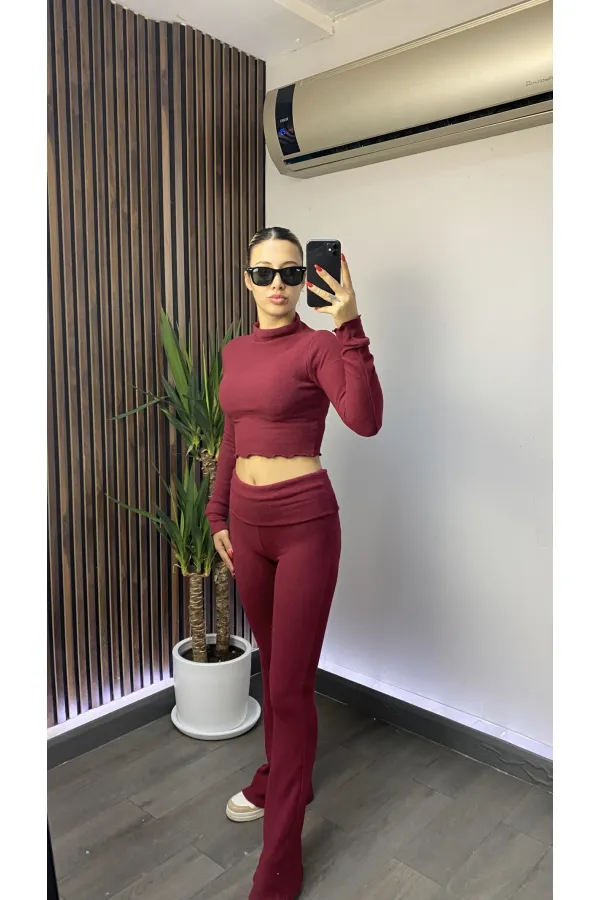 Kadın Bordo Bel Katlamalı İspanyol İkili Yumoş Takım HZL25W-ZK13501