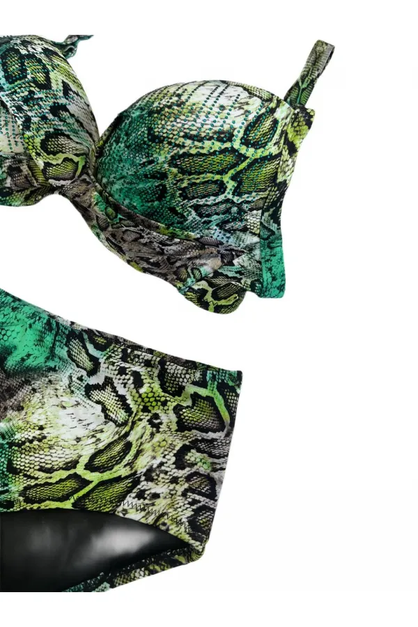 Women's Green Leopard Patterned Lined Plus Size Bikini Set HZL25S-LC25006