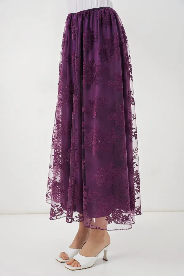 Women's Flock Print Long Tulle Skirt 8070 - Purple