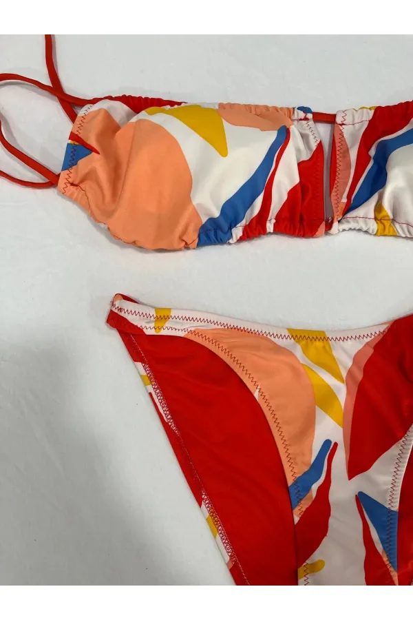 Ensemble bikini sans bretelles doublé à motifs tropicaux multicolores pour femme HZL25S-AR1666