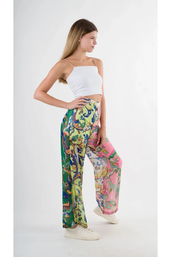 Kadın Yeşil Pembe Desenli Yüksek Bel Bol Paça Pantolon HZL22S-YY284