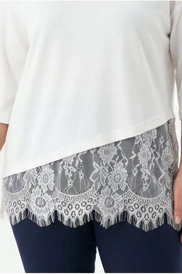 Women's White Plus Size Crew Neck Short Sleeve T-Shirt with Tulle Detail HZL26S-ZSS19521
