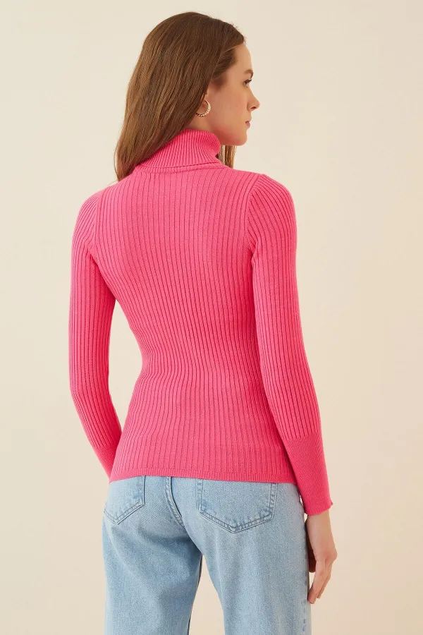 Pull col roulé côtelé fuchsia pour femme HZL22W-BD1445001