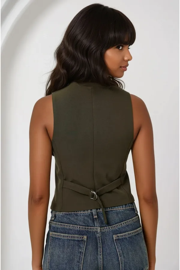 Kadın Haki Düğmeli Astarlı Yelek HZL25S-BD167961