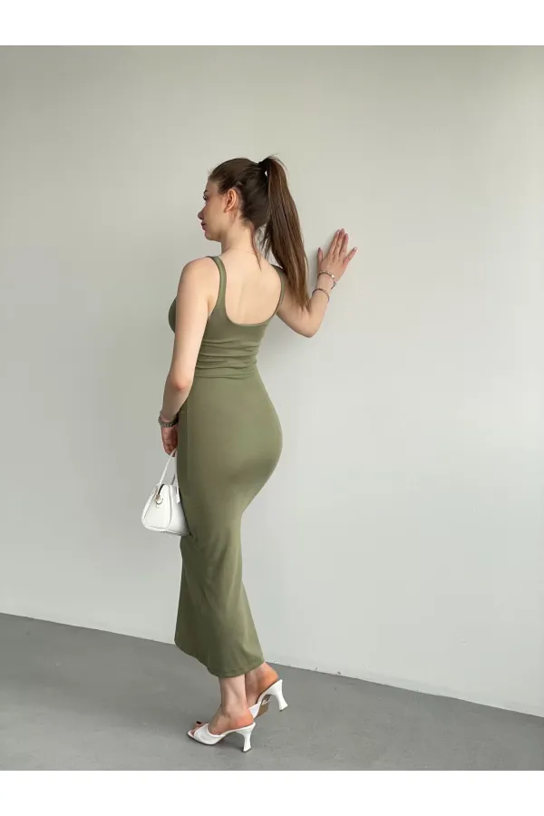 Robe mi-longue kaki à bretelles et col carré pour femme HZL25S-ZK11621