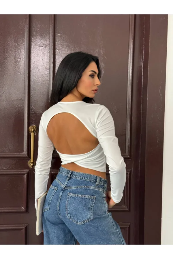 Kadın Beyaz Sırt Dekolteli  Uzun Kollu Sandy Bluz HZL25W-FRY123381
