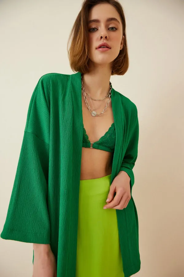 Women's Green Open Front Folded Collar Textured Seasonal Jacket HZL22S-BD158621