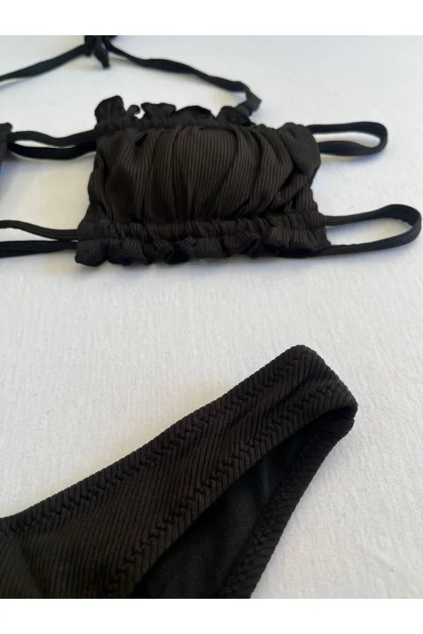 Women's Black String-Tied Gathered Strapless Bikini Set HZL25S-LC2226
