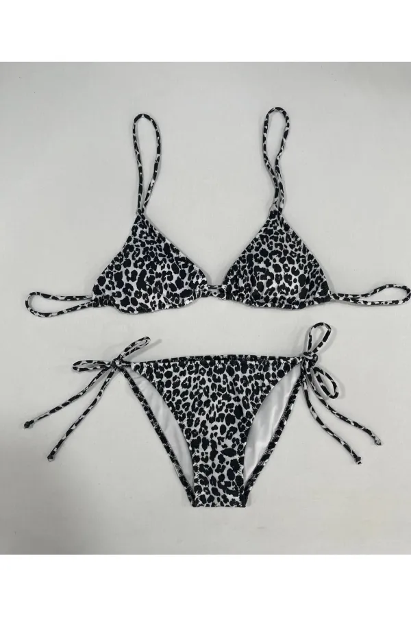 Kadın Leopar Siyah Boyundan İp Bağlamalı Üçgen Bikini Takımı HZL25S-LC5005