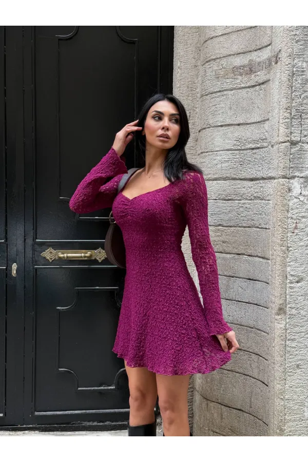 Kadın Mor Uzun Kollu Dantel Detay Astarlı Kloş Elbise HZL25W-FRY123531