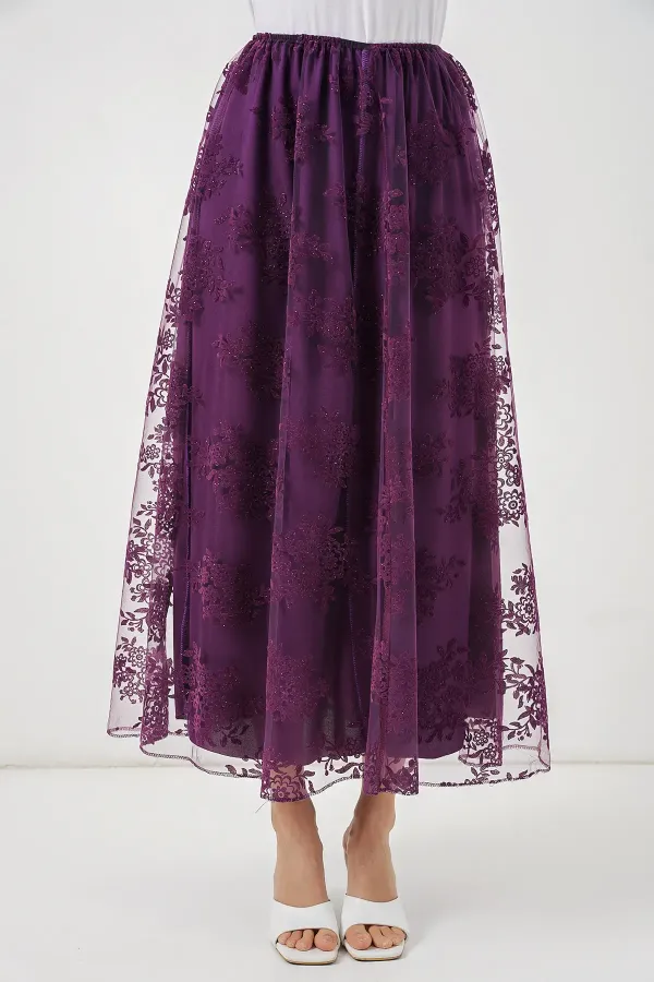 Women's Flock Print Long Tulle Skirt 8070 - Purple