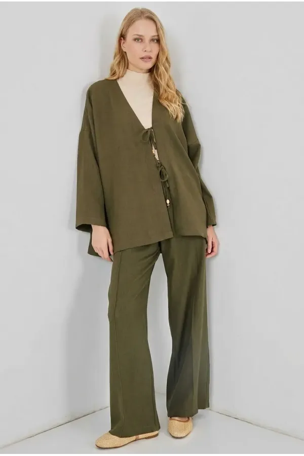 Kadın Haki Keten Bağlama Detaylı Kimono Pantolon İkili Takım HZL26S-BD167271