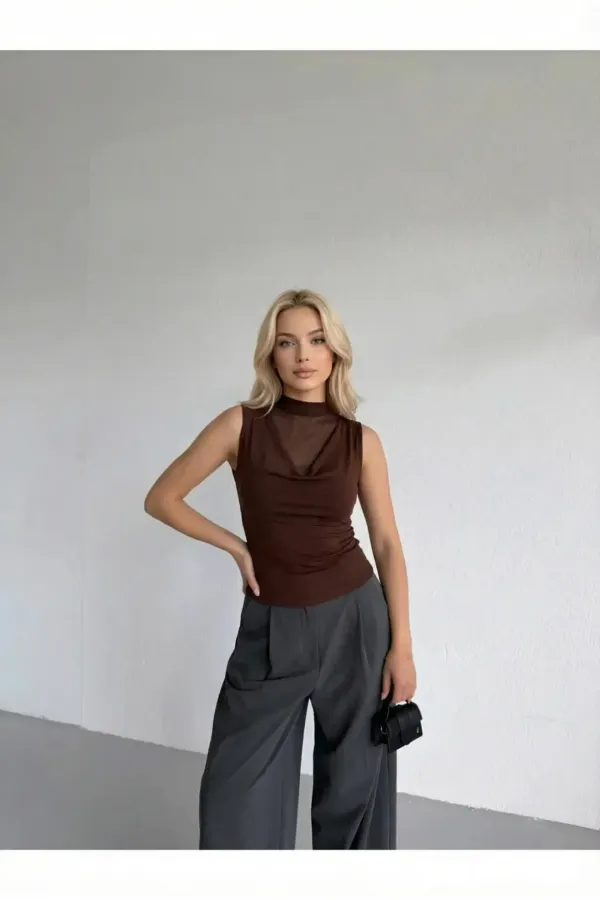 Women's Brown Tulle Detail V-Neck Side Draped Sandy Blouse HZL26S-FRY123791