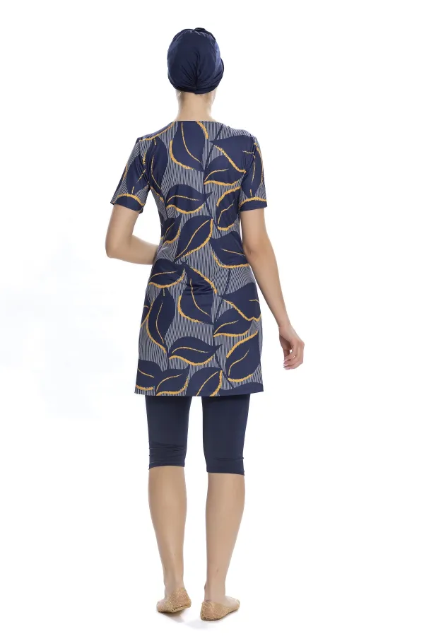 Women's Navy Blue Leaf Pattern Short Sleeve Semi-Covered Tights Swimsuit HZL25S-AR202/504