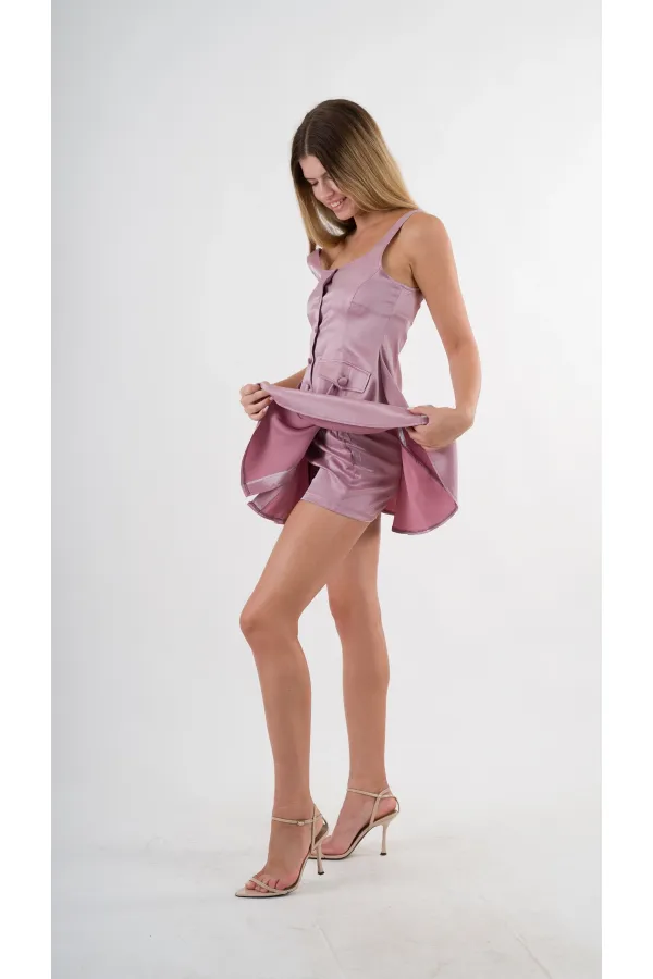 Kadın Gül Kurusu Askılı Önden Düğmeli Cepli Beli Lastikli Şortlu Elbise HZL24S-YY197