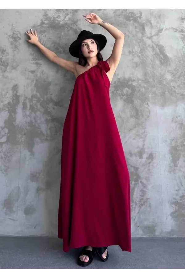 Kadın Bordo Omuzdan Bağlamalı Maxi Boy Dokuma Elbise HZL22S-DSB110031